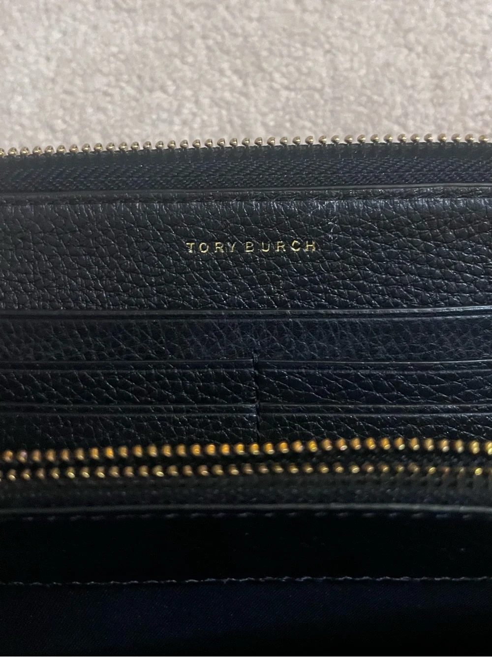 Tory Burch Black Pebbled Leather Wallet with Gold Logo